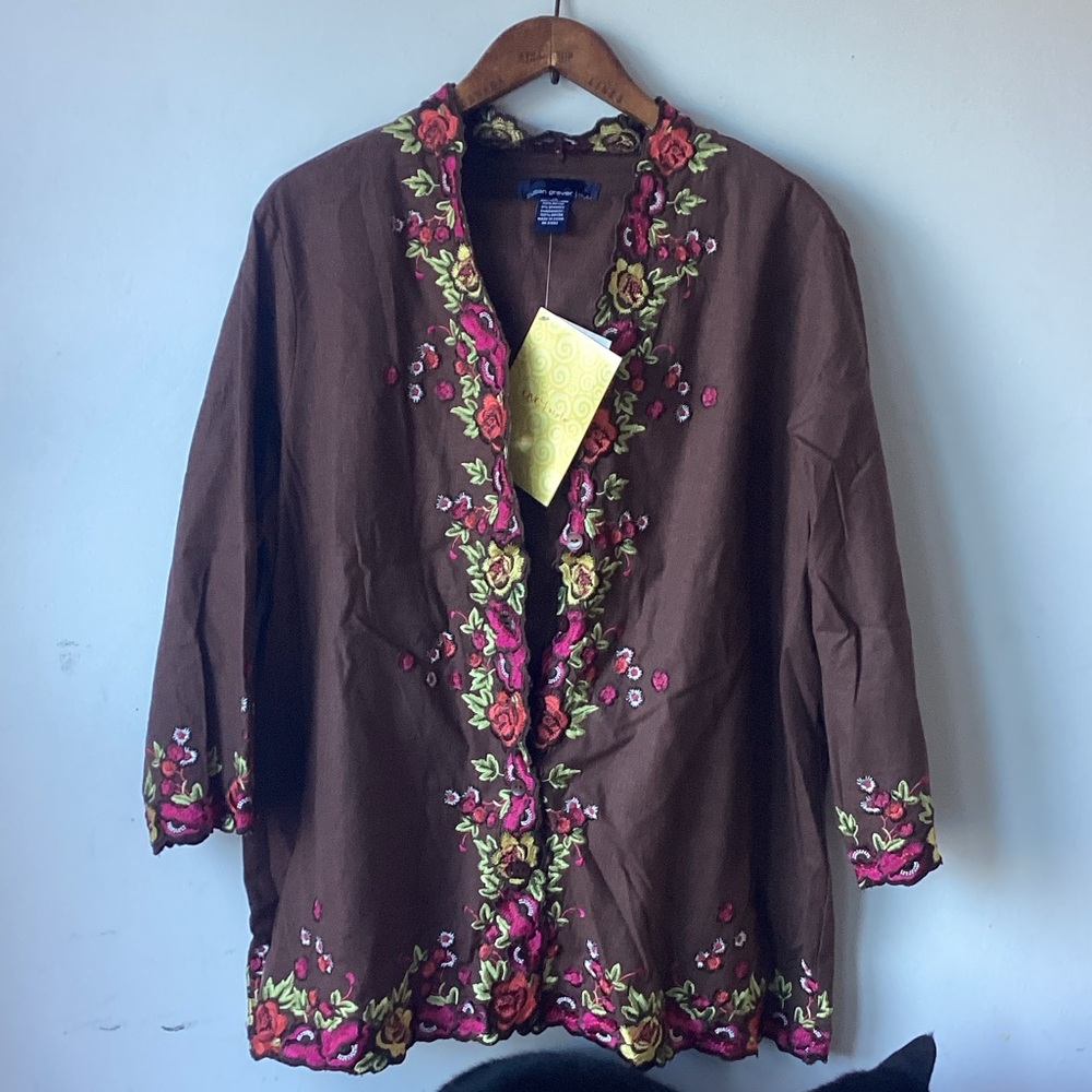 Susan Graver Brown Jacket with Floral Embroidery